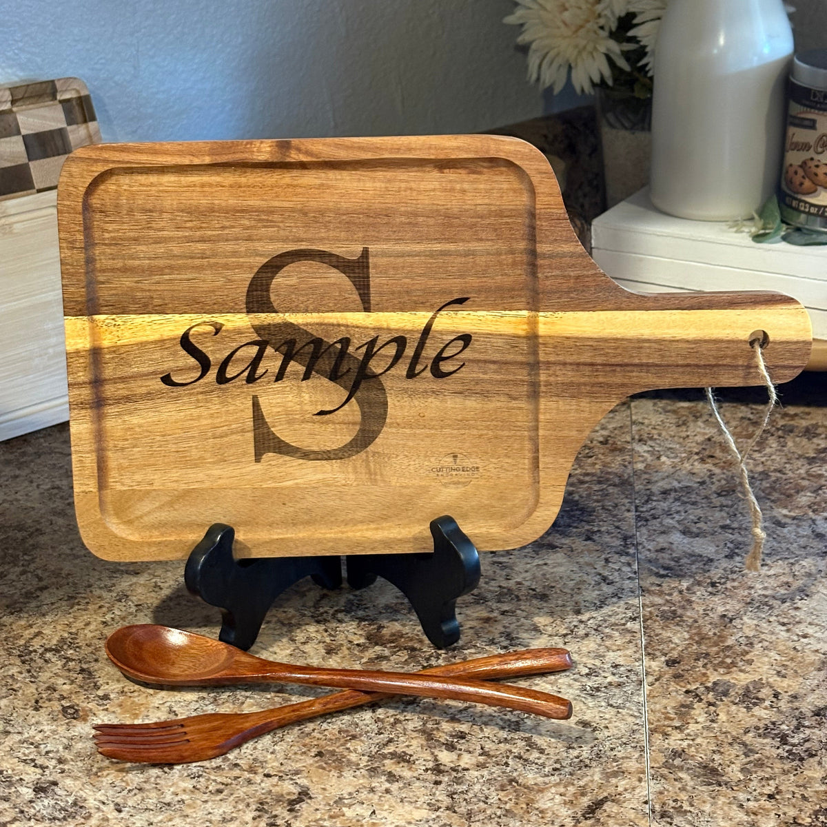 13" Acacia Wood Charcuterie Board with Wood Cutlery